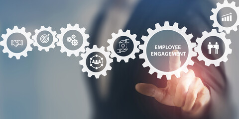 Employee engagement and team motivation. Productive people, inspiration. Common goals of the company and employees for sustainability. Touching on employee engagement text sourrounded by engage icons.