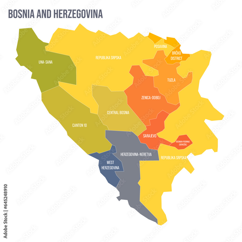 Bosnia and Herzegovina political map of administrative divisions - cantons of Federation of Bosnia and Herzegovina and Republika Srpska. Colorful spectrum political map with labels and country name.