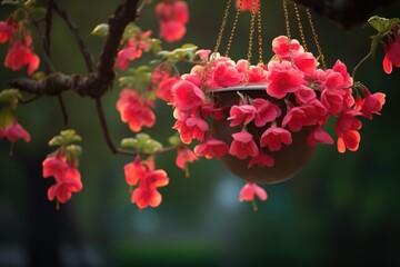 Aufkleber - Hanging planter with red flowers.