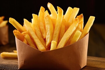 Wall Mural - Delicious french fries in paper bag on wooden table