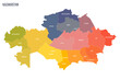 Kazakhstan political map of administrative divisions - regions and cities with region rights and city of republic significance Baikonur. Colorful spectrum political map with labels and country name.