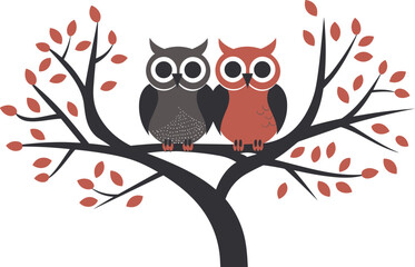 Wall Mural - two owls sitting on the tree vector illustration on isolated background, two owls sitting on the tree for sticker and wall art