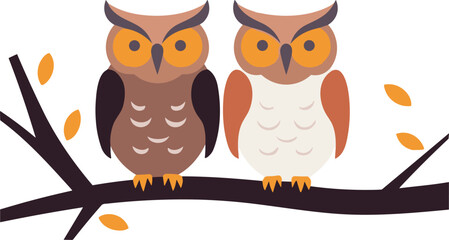 Wall Mural - two owls sitting on the tree vector illustration on isolated background, two owls sitting on the tree for sticker and wall art