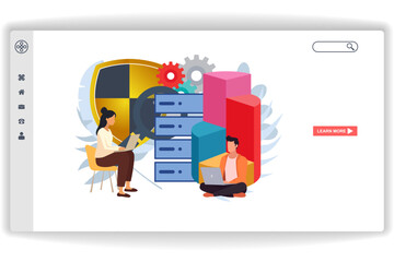 Wall Mural - a woman sitting in a chair looking at a laptop. website page storage service. modern flat design con