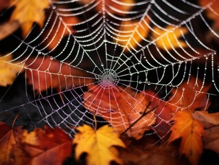 Poster - spider net on the background of autumn leaves.