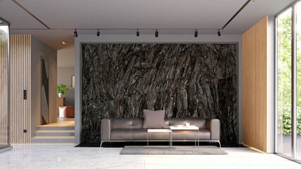 Wall Mural - modern dark living interior with rock feature.