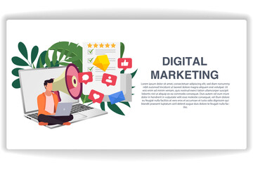 Wall Mural - a man is looking at a laptop. website page digital marketing. modern flat design concept of web page
