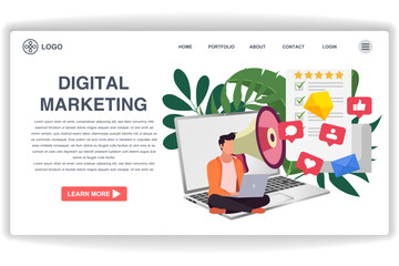 Wall Mural - a man is looking at a laptop. website page digital marketing. modern flat design concept of web page