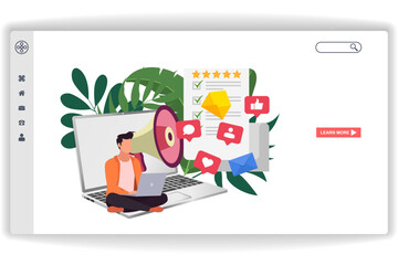 Wall Mural - a man is looking at a laptop. website page digital marketing. modern flat design concept of web page