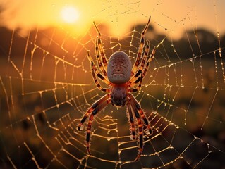 Poster - Spider on the web at sunset.
