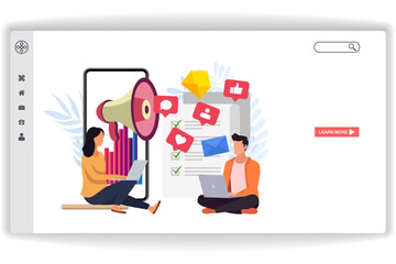 Wall Mural - men and women sitting looking at laptops. website page mobile marketing. modern flat design concept 