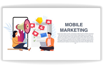 Wall Mural - men and women sitting looking at laptops. website page mobile marketing. modern flat design concept 