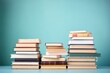 © Hope - Simple composition of hardback books, raw of books on wooden deck table and blue background. Books stacking with no labels, blank spine Back to school Copy Space Education background Office supplies