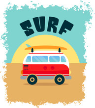 Summer Vacation Surf Bus Sunset Tropical Beach Retro Surfing Vintage Greeting Card Vertical With Lettering Template Poster Flat Vector Illustration
