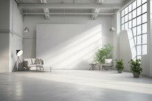 Serene White And Gray Studio Setting With A Backdrop Of A Grey Floor Illuminated By Spotlights. Generative AI
