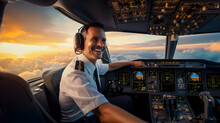 Pilote De Ligne Souriant Dans Le Cockpit D'un Avion