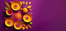 Diwali, Festival Of Lights Holiday Design With Indian Rangoli, Mandala. Purple, Yellow Colors.