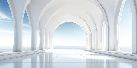 abstract architecture background, futuristic white arched interior 3d render