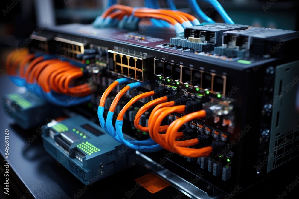 Server room with switch, internet cables and wires. Fiber optic ...