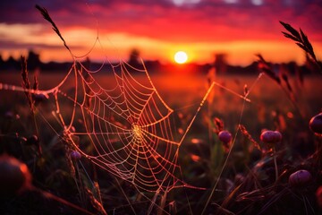 Wall Mural - A spider web in the middle of a field at sunset. Generative AI.