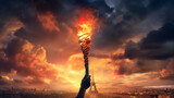 Fototapeta  - burning torch with flame in hand and eiffel tower