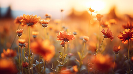 Wall Mural - Field full of autumn flowers at sunrise