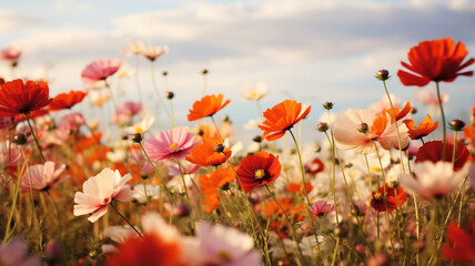 Wall Mural - Field full of autumn flowers at sunrise