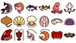 シーフードのアイコンセット。シンプルなベクターイラスト。
Seafood icon set. Simple vector illustrations.