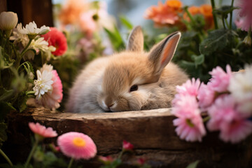 Wall Mural - a small rabbit is laying in a flower pot