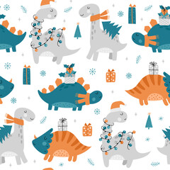 Wall Mural - seamless pattern with christmas dinosaurs. cute dinosaurs with gifts and santa hats. hand drawn vect