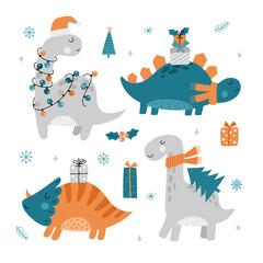 Wall Mural - christmas dinosaurs set. cute dinosaurs with gifts and santa hats. hand drawn vector illustrations