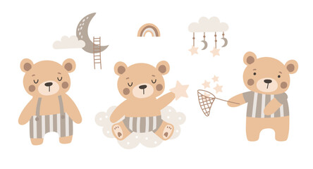 Wall Mural - Set of  cute Baby bear. Hand drawn vector illustrations