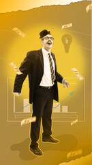 Wall Mural - Businessman, employee in formal wear feeling excited about money growth. Financial success. Contemporary art collage. Concept of business, office, employment, ambitions, fantay, trading