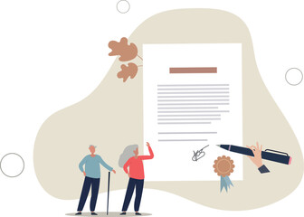 Testament and last wish property bequeath in old age.Pensioner retirement document about wealth inheritance with official document and official testamentary .flat vector illustration