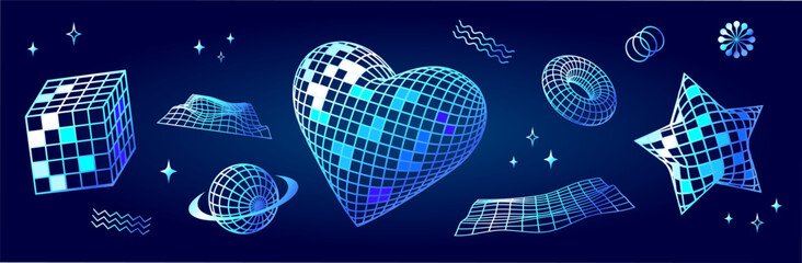 Poster - Retro geometric shapes composition with abstract 3d forms, 2000s aesthetic graphic, y2k theme with different dimensional objects. Vector illustration.
