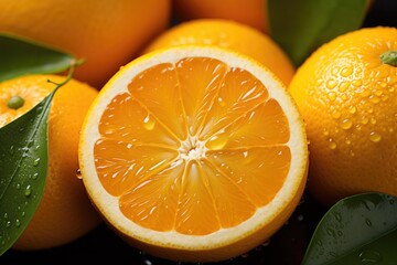 Wall Mural - Slices of fresh ripe orange fruits with green leaves as a textural background, full screen close-up