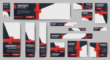 Set Of Creative Web Banners Of Standard Size With A Place For Photos. Black And Red. Business Ad Banner. Vertical, Horizontal And Square Template.	