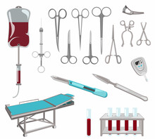 Surgical Instrument Set. All-metal Abdominal Reusable Scalpel, Straight Scissors, Syringe, Mosquito Clamp, Anatomical Tweezers. Realistic Isolated Objects On White Background. Vector Illustration