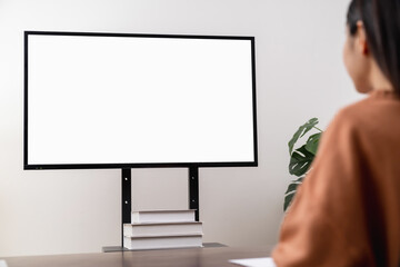Aufkleber - Woman using computer and type on the keyboard. Mockup screen of advertisement.