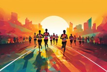 Colorful Running Marathon Poster, People Run, Colorful Poster. Vector Illustration.