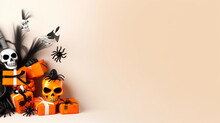 Hallow Greetings Card Copy Space With Halloween Element Of Spider, Gift Box, Skull Isolated On Light Orange Background