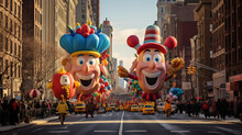 A Picturesque View Of A Thanksgiving Parade With Giant Balloons Floating Above The Streets, Entertaining The Crowds Below
