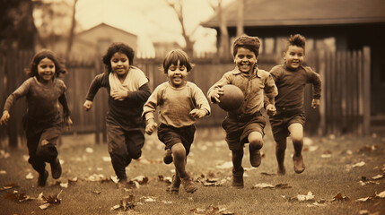 A delightful snapshot of children playing a friendly game of touch football in the backyard after a hearty Thanksgiving meal