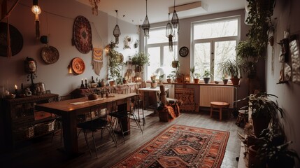 Wall Mural - Bohemian and Scandinavian cafe interior with vintage decor 