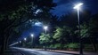 Solar-powered streetlights lining a pathway, capturing the application of solar tech in public spaces