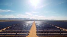 Vast Solar Farm In A Desert Landscape, Capturing The Scale Of Renewable Energy Projects