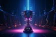 Sci fi gaming showdown A champion cup stands on a virtual reality stage