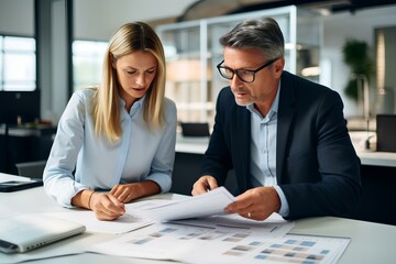 Two financial experts discussing accounting tax documents in office. Mature business executive colleagues doing paperwork. generative AI