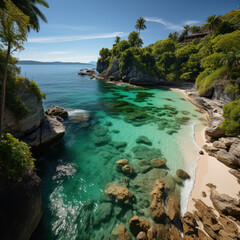 Sticker -  birds eye view of a secluded cove emerald sea lush
