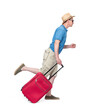A man in a blue T-shirt, hat and shorts runs and pulls a red suitcase behind him. Isolated on a transparent background png. Late passenger concept